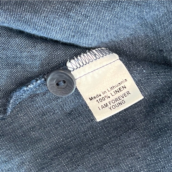 Flax 100% Linen Button Front Top Small Navy Blue Long Sleeve Mandarin Collar - Picture 5 of 6